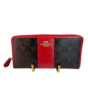 Coach Authentic Accordion Zip Wallet Signature Canvas Brown/1941 Red | GUC